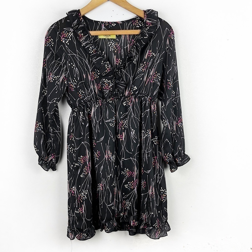 𝅺ORION London Black Pink Floral Print Mini Dress V-neck 3/4 Sleeve